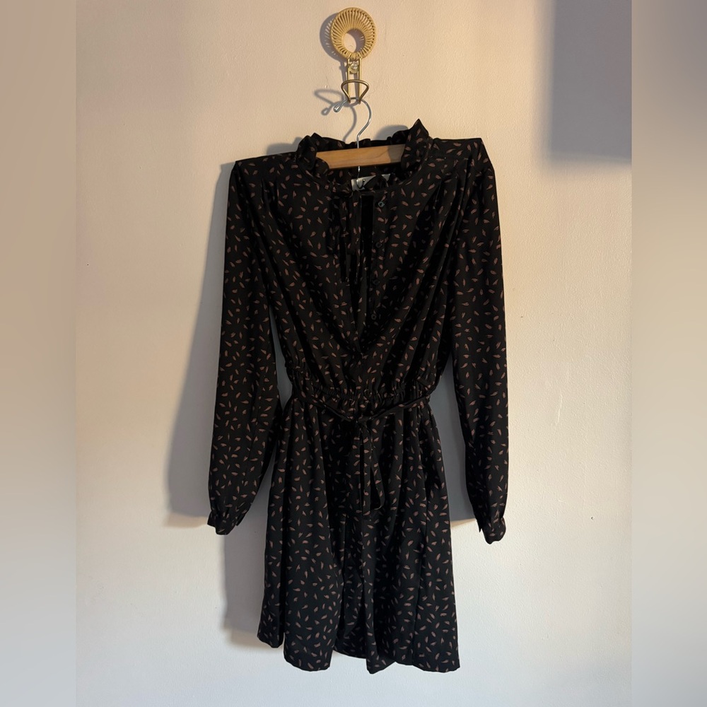 LOFT Black and Brown Patterned Long Sleeve Dress
